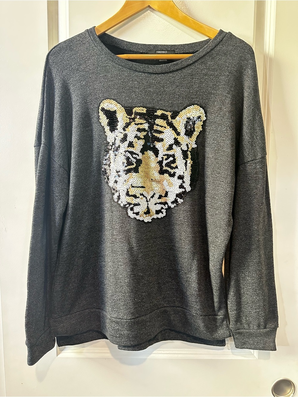 Forever 21 Charcoal Crewneck Sweater with Sequin Tiger